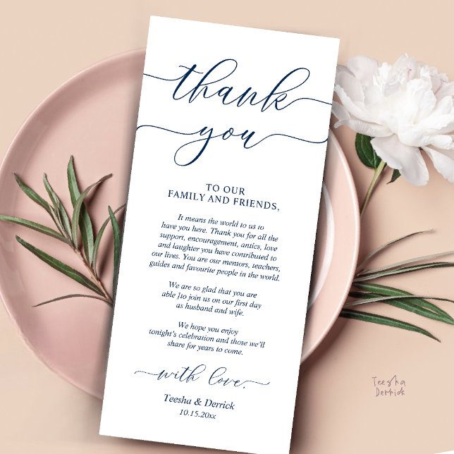 Rustikale Hochzeitsnacht - Einstellung dank Karte (Rustic Wedding Dinner Place Setting Thank You Card Reception in Navy Blue Script )