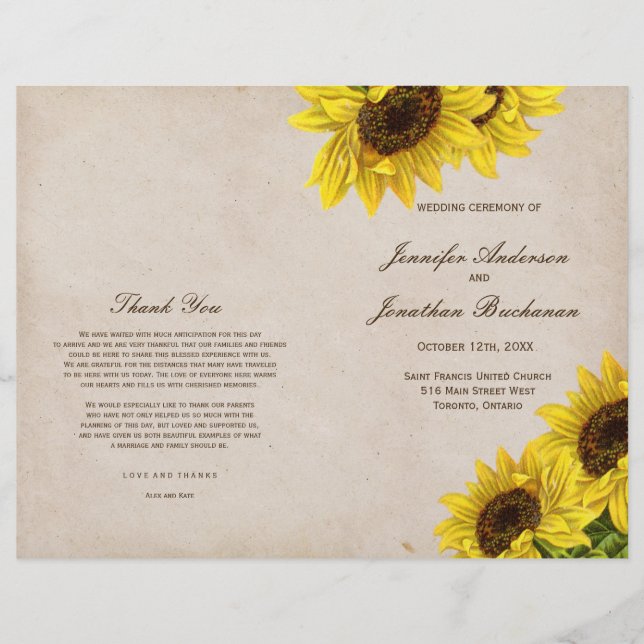 Rustikale Hochzeitsprogramme für Sonnenblumen (Vorderseite)
