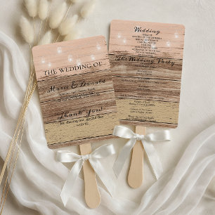 Rustikale Hochzeitsprogramme mit Rosa Holz und Lat Fächer