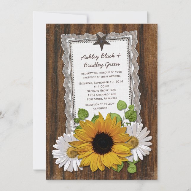 Rustikale Hochzeitssonne aus Holz Sonnenblumen Dai Einladung (Vorderseite)