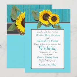 Rustikale Hochzeitssonnenblume Aquamariner Holzgra Einladung