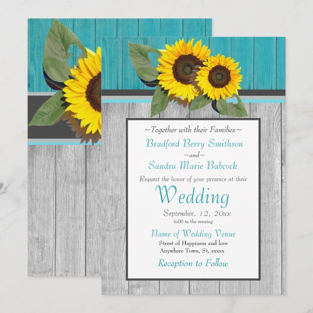 Rustikale Hochzeitssonnenblume Aquamariner Holzgra Einladung (Vorne/Hinten)