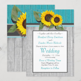 Rustikale Hochzeitssonnenblume Aquamariner Holzgra Einladung