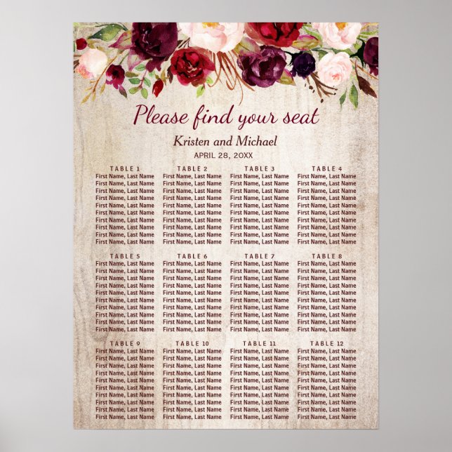 Rustikale Hochzeitstabelle für Holz-Burgund Poster (Vorne)