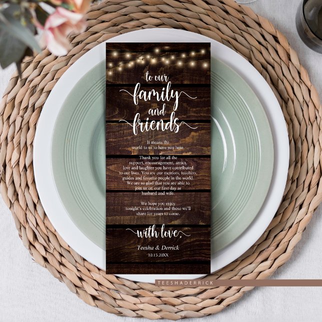 Rustikale Hochzeitsumgebung dank Karte (Rustic Wedding Dinner Guest Place Setting Thank You Card, in Dark Wood Cottage String Lights Design.)