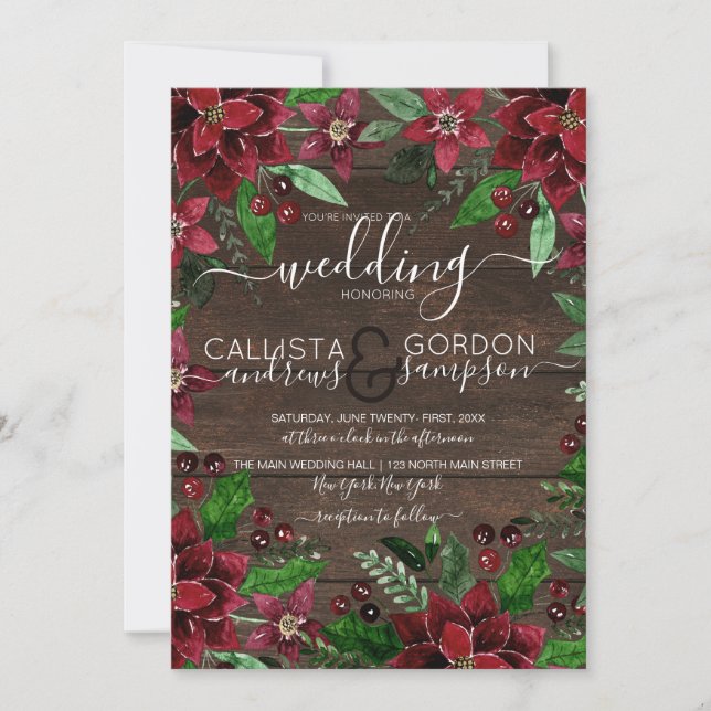 Rustikale Holly Ivy Watercolor Wood Wedding Einladung (Vorderseite)