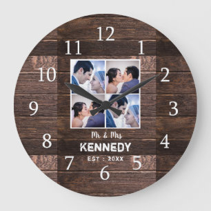 Rustikale Holz 4 Foto Collage Hochzeit Jubiläum Große Wanduhr