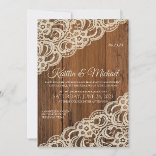 Rustikale Holz- & Beige-/Braunspitzen-Hochzeitsein Einladung