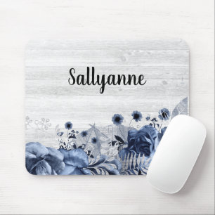 RUSTIKALE HOLZ BLAUE BLUMENRAND EINZELANFERTIGUNG MOUSEPAD