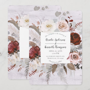 Rustikale Holz Blumenblüten Rosa Grau Rot Hochzeit Einladung