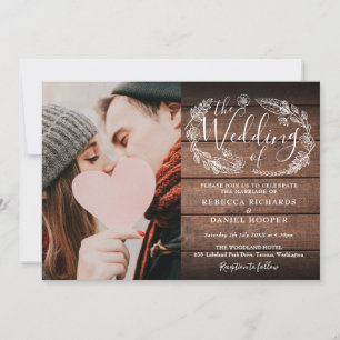 Rustikale Holz-Boho-Blatt-Foto-Hochzeit Alles in E Einladung
