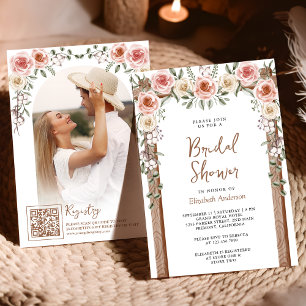 Rustikale Holz-Boho-Floral-Fotodach-Hochzeitsdusch Einladung