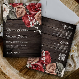 Rustikale Holz-Bordeaux-Rosen QR-Code-Hochzeit Einladung