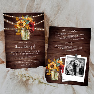 Rustikale Holz-Bordeaux-Sonnenblumen-Glas-Wedding Einladung