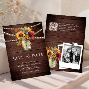 Rustikale Holz-Bordeaux-Sonnenblumen-Mason-Glas-Ho Save The Date