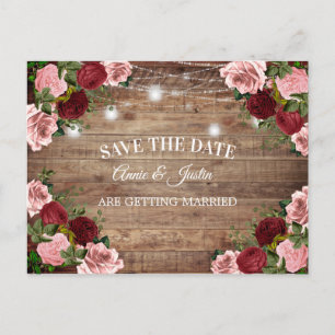 Rustikale Holz Burgunder-Rosa Florale Save Date Postkarte