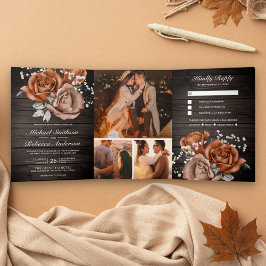 Rustikale Holz-Burnt Orange-Rose in einer Hochzeit Dreifach Gefaltete Einladung