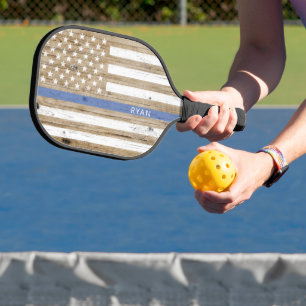 Rustikale Holz-Dünne-Blau-Linie-patriotische USA-F Pickleball Schläger