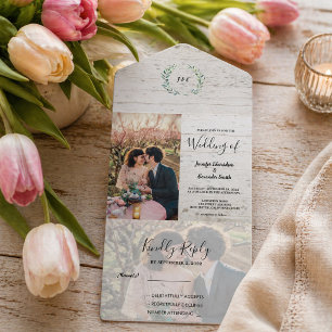 Rustikale Holz-Foto-Wasserfarben-Blätter Hochzeit All In One Einladung