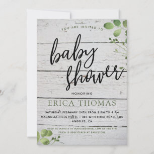 Rustikale Holz-Grüntypografie Baby Shower Einladun