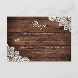 Rustikale Holz Hochzeit RSVP mit Spitze Karte