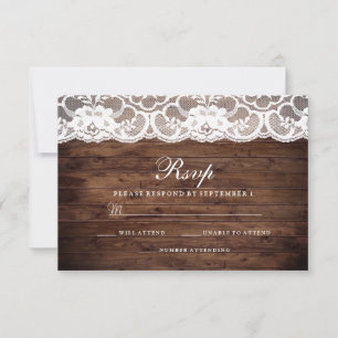 Rustikale Holz Hochzeit RSVP mit weißer Spitze Vin Karte