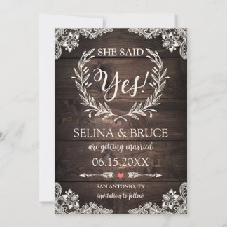 Rustikale Holz Hochzeitseinladungskarte mit Spitze Save The Date