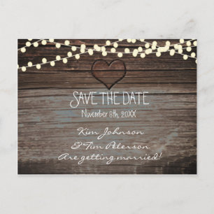Rustikale Holz-Hochzeitspostkarte mit Herz Save Th Ankündigungspostkarte