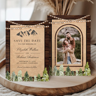 Rustikale Holz-Kraft-Bergwald-Foto-Hochzeit Save The Date