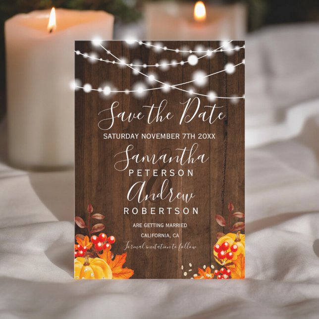 Rustikale Holz-Kürbis-Lichterketten - Rettet das D Save The Date (Rustic wood pumpkin string lights save the date)