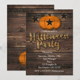 Rustikale Holz-Kürbis- und Sternen-Halloween-Einla Einladung
