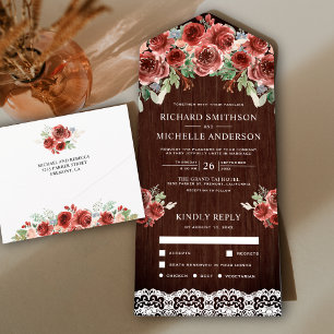 Rustikale Holz-Land-Lace-Marsala-Blumenhochzeit All In One Einladung