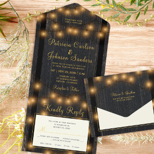 Rustikale Holz-Lichterkette Hochzeit All In One Einladung