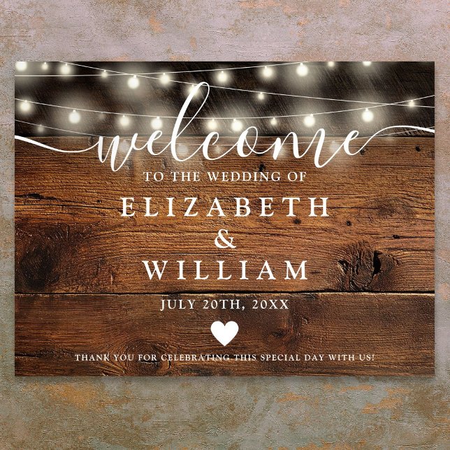 Rustikale Holz-Lichterkette Hochzeits-Willkommenss Poster (Rustic Wood String Lights Wedding Welcome Sign)