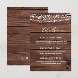 Rustikale Holz-Lichterkette Hochzeitsdetails Karte