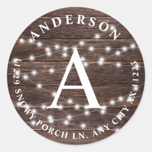 Rustikale Holz-Lichterkette mit Monogramm-Rücksend Runder Aufkleber