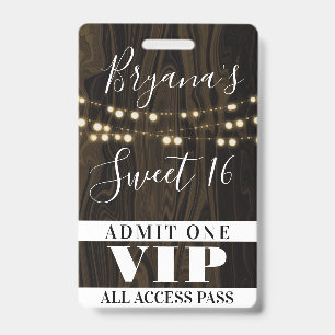 Rustikale Holz-Lichterkette Sweet 16 VIP-Pass Ausweis