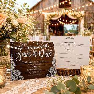 Rustikale Holz-Lichterketten Hochzeit Termin vorme Ankündigungspostkarte