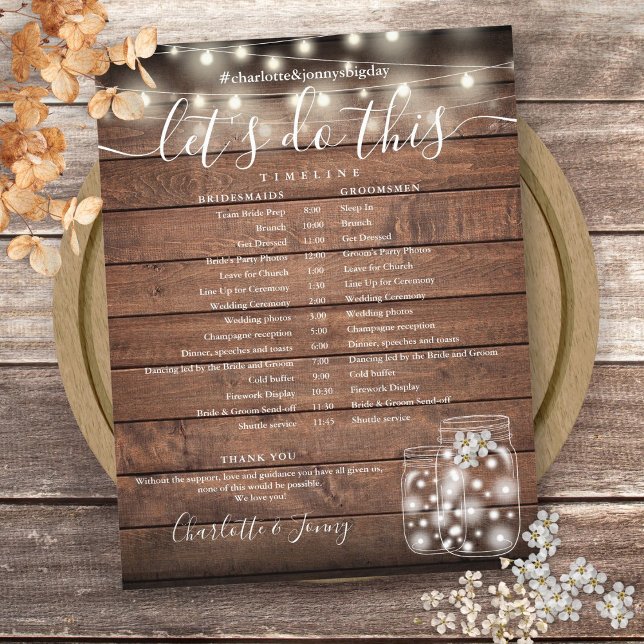 Rustikale Holz-Lichterketten Hochzeitsprogramm Zei (Rustic Wood String Lights Wedding Program Timeline)