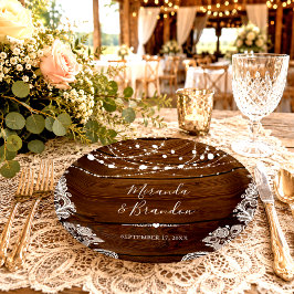 Rustikale Holz-Lichterketten und Spitze Hochzeit Pappteller