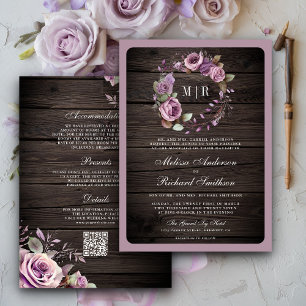Rustikale Holz-Lila-Blumen-Hochzeit mit QR-Code Einladung