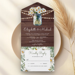Rustikale Holz-Margeriten Florale Mason-Glas-Hochz All In One Einladung