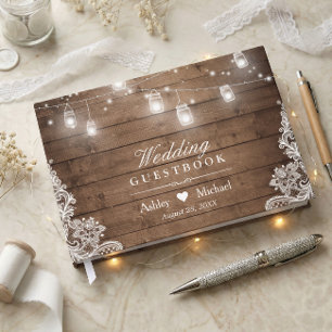 Rustikale Holz-Mason-Glas-Lichterkette Hochzeit Gästebuch