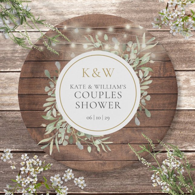 Rustikale Holz-Monogramm-Grünzeug-Paar-Dusche Pappteller (Rustic Wood Monogram Greenery Couples Shower Paper Plate)