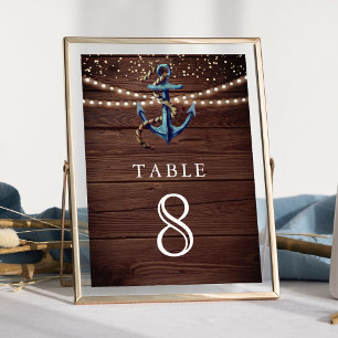 Rustikale Holz-Navy-Blau-Anker-nautische Hochzeit Tischnummer