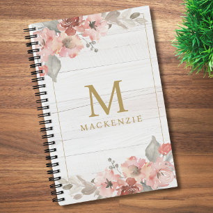 Rustikale Holz-Rosa-Blumen-Aquarell-Monogramm Notizbuch