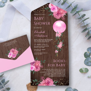 Rustikale Holz-Rosa-Blumen-Ballon-Mädchen-Baby-Par All In One Einladung