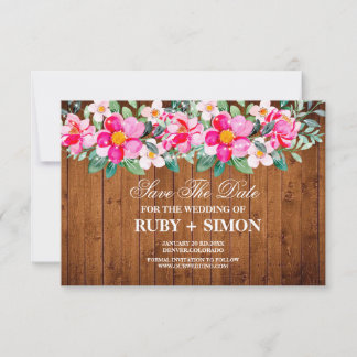 Rustikale Holz-Rosa-Blumen-Lichter Hochzeitseinlad Save The Date