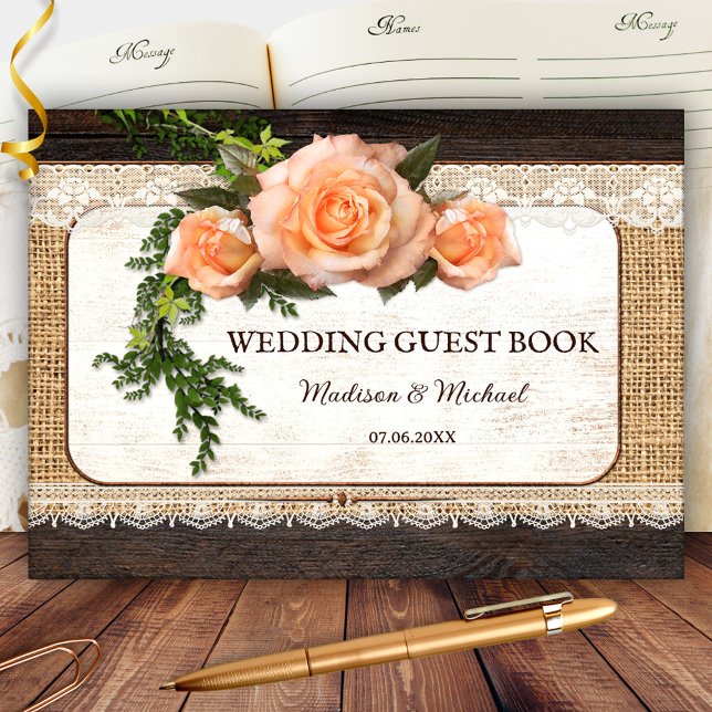 Rustikale Holz-Rose Romantische Hochzeit Gästebuch (Elegant rustic wedding guest book with roses on lace and burlap. Beautiful for a country wedding)