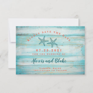 Rustikale Holz-Save-the-Date-Karte mit Seestern Save The Date
